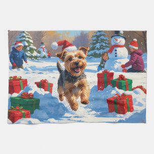 Skye Terrier Running in Snow with Christmas Hat Kitchen Towel