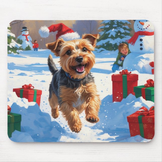 Skye Terrier Running in Snow with Christmas Hat Mouse Pad (Front)