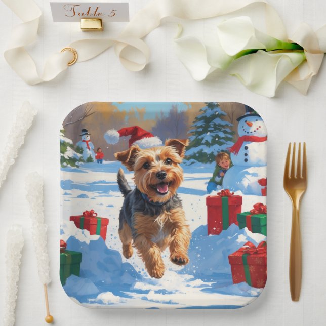 Skye Terrier Running in Snow with Christmas Hat Paper Plate (Wedding)