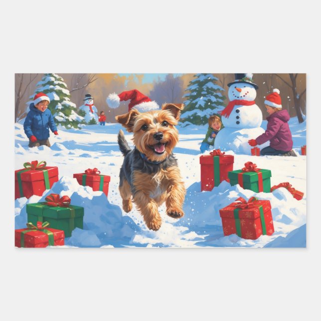 Skye Terrier Running in Snow with Christmas Hat Sticker (Front)