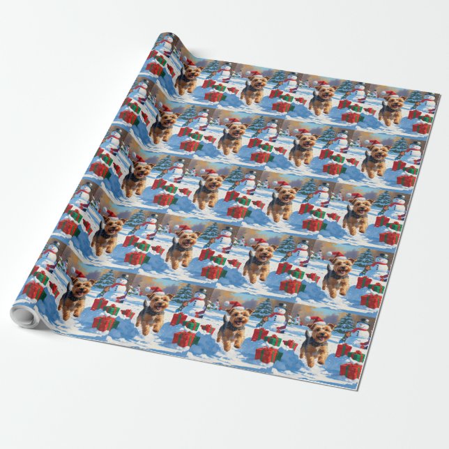 Skye Terrier Running in Snow with Christmas Hat Wrapping Paper (Unrolled)