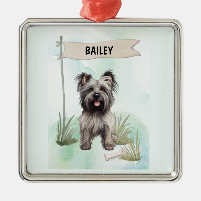 Skye Terrier Watercolor Personalized Dog Metal Ornament (Front)
