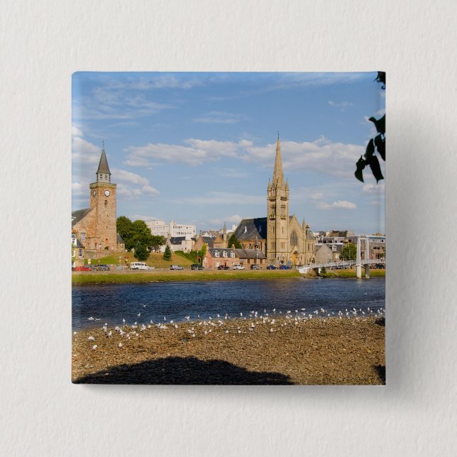Skyline and river of quaint town of Inverness 2 Inch Square Button (Front)