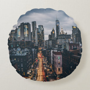 SKYLINE CITY SCENERY VIEW FROM THE MANHATTAN BRIDG ROUND PILLOW