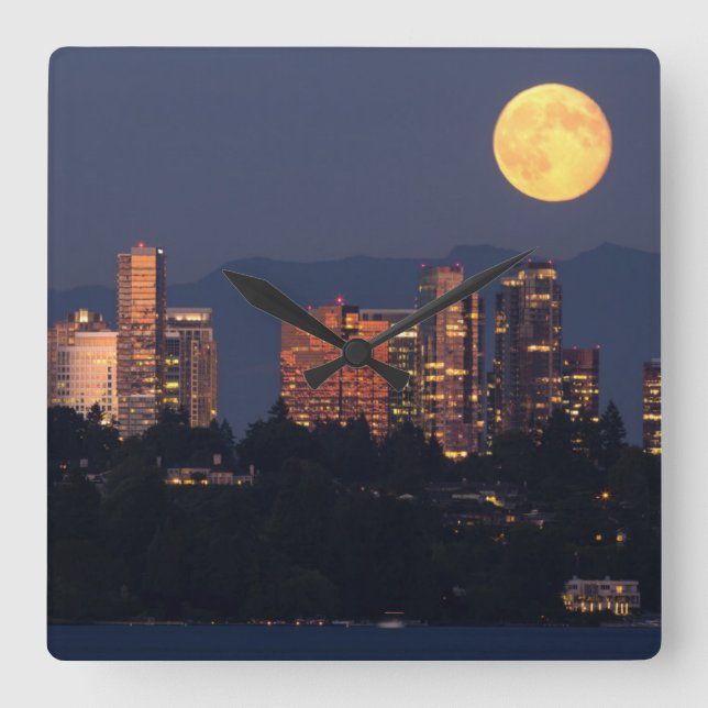 Skyline Of Bellevue From Lake Washington At Dusk Square Wall Clock (Front)
