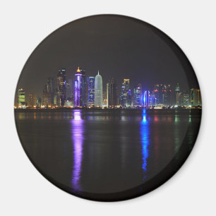 Skyline of Doha, Qatar at night round magnet