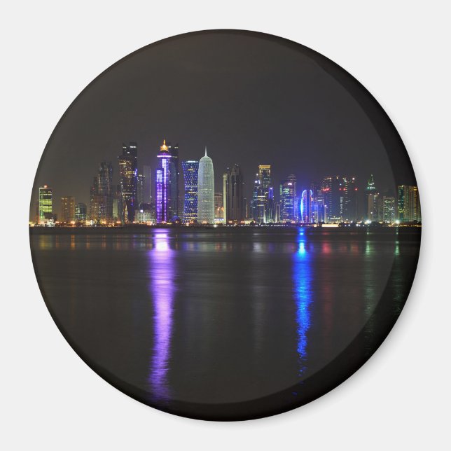 Skyline of Doha, Qatar at night round magnet (Front)
