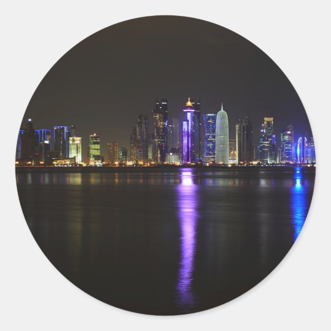 Skyline of Doha, Qatar at night round sticker (Front)
