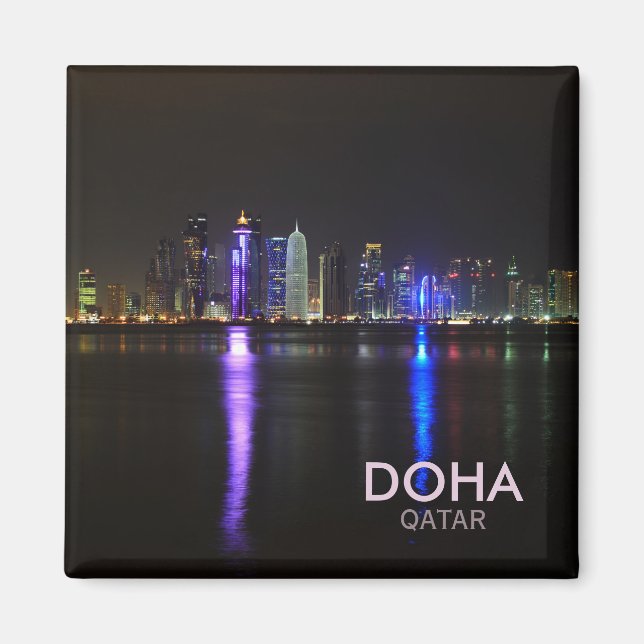 Skyline of Doha, Qatar at night square text magnet (Front)