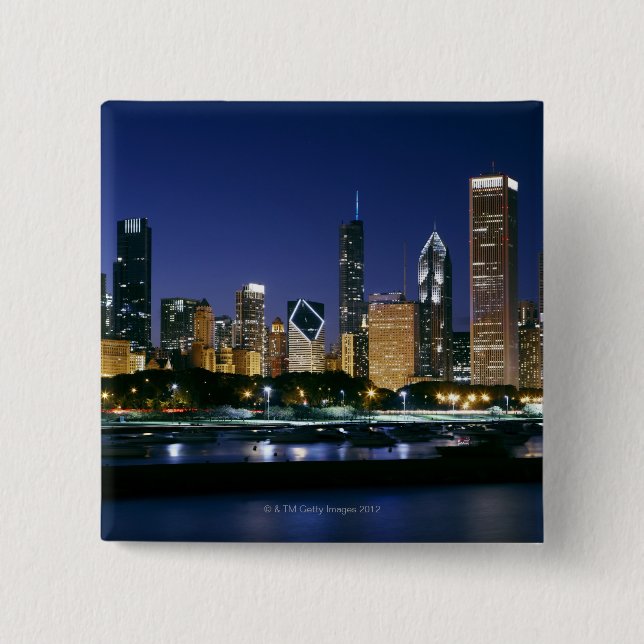 Skyline of Downtown Chicago at night 2 Inch Square Button (Front)