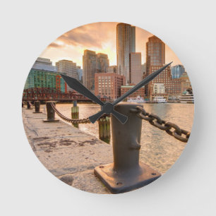 Skyline of Financial District of Boston Round Clock