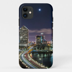 Skyline of Miami city with bridge at night iPhone 11 Case