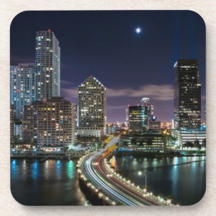 Skyline of Miami city with bridge at night Coaster