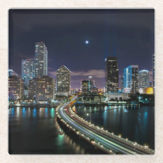 Skyline of Miami city with bridge at night Glass Coaster