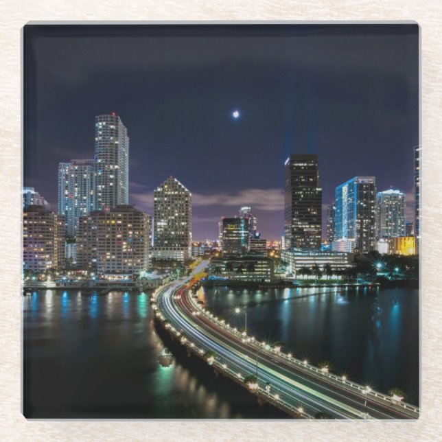 Skyline of Miami city with bridge at night Glass Coaster (Front)