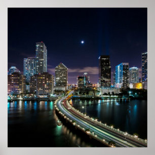Skyline of Miami city with bridge at night Poster