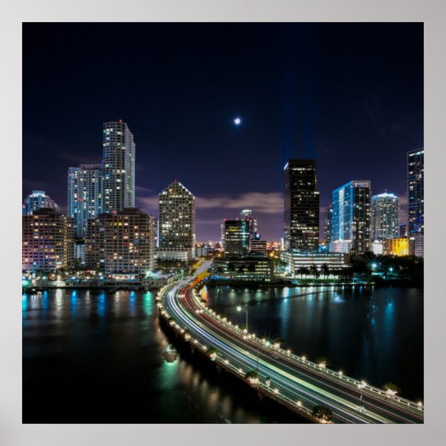Skyline of Miami city with bridge at night Poster (Front)