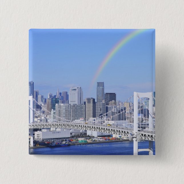 Skyline of Tokyo and Rainbow Bridge 2 Inch Square Button (Front)