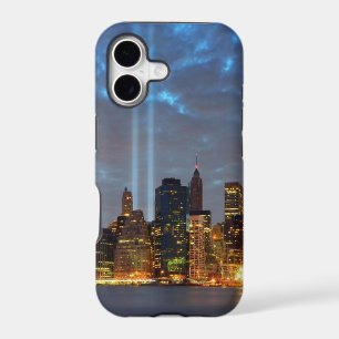 Skyline view of city in night.
