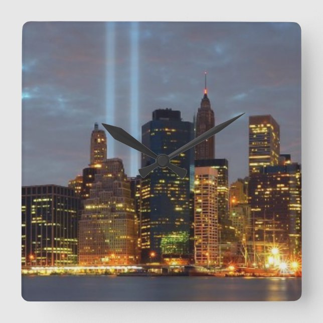 Skyline view of city in night. square wall clock (Front)