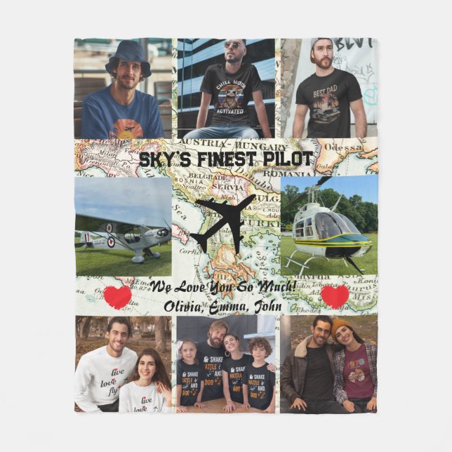 Sky's Finest Pilot, Airplane & Map, Photo Collage Fleece Blanket (Front)