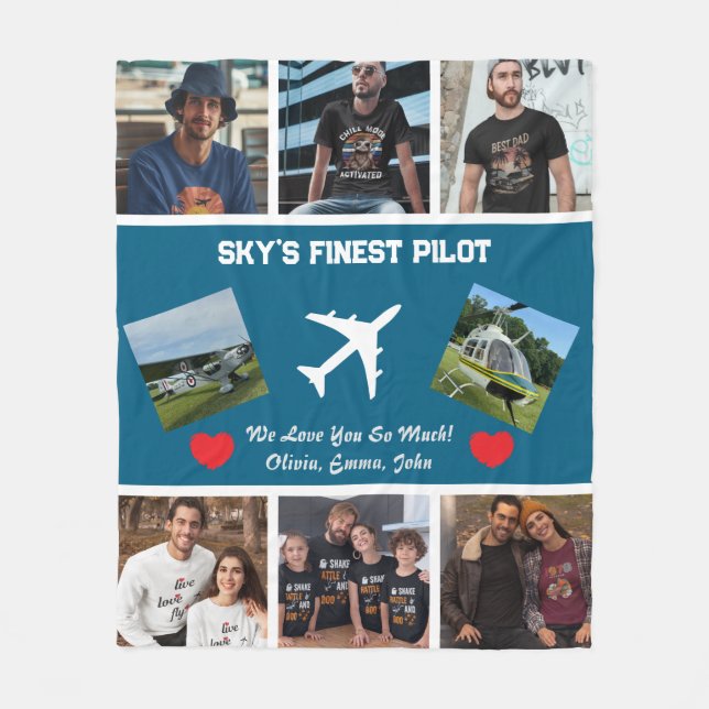 'Sky's Finest Pilot' Photo Collage,Airplane,Modern Fleece Blanket (Front)