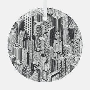 Skyscraper city illustration, isometric seamless p glass ornament