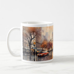 Skyscrapers, Street Lantern, and a Raining Coffee Mug