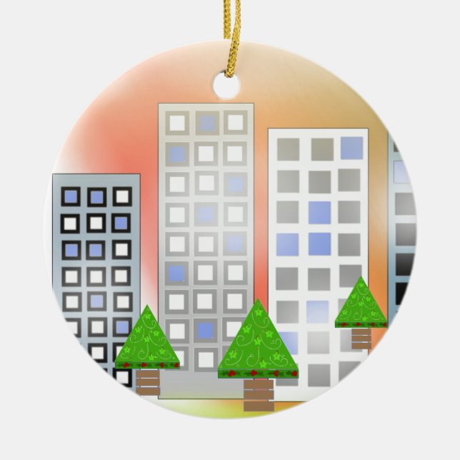 Skyscrapers with Christmas Trees Ceramic Ornament (Front)
