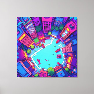 Skyview City – Neon Pop Art Urban Landscape Canvas Print