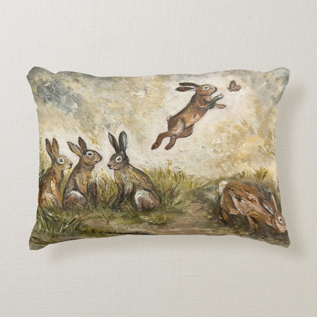 Skyward Fluff Meadow Hare Whimsical Rabbit Family  Accent Pillow (Front)