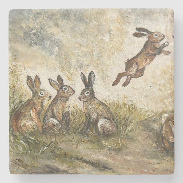 Skyward Fluff Meadow Hare Whimsical Rabbit Family  Stone Coaster (Front)