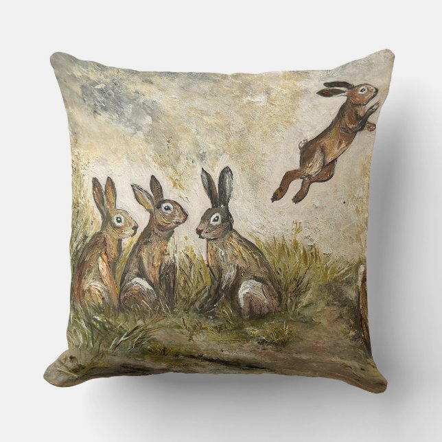 Skyward Fluff Meadow Hare Whimsical Rabbit Family  Throw Pillow (Front)