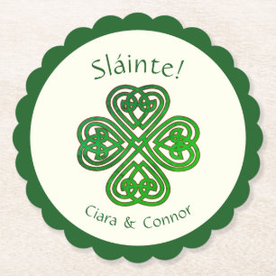 Sláinte Green Celtic Irish Shamrock Name Paper Coaster