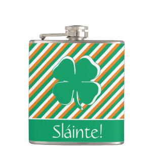 Sláinte Modern Green Orange Stripes Irish Shamrock Hip Flask