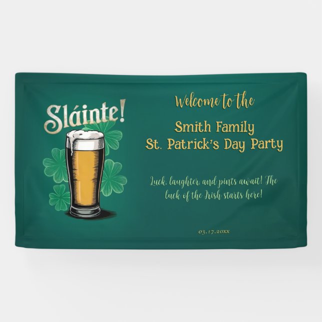 Slàinte! Saint Patrick's Day Pint of Beer on Green Banner (Horizontal)