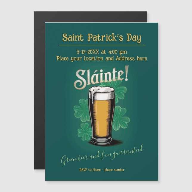 Slàinte! Saint Patrick's Day Pint of Beer on Green Magnetic Invitation (Front/Back)