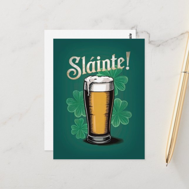 Slàinte! Saint Patrick's Day Pint of Beer on Green Postcard (Front/Back In Situ)