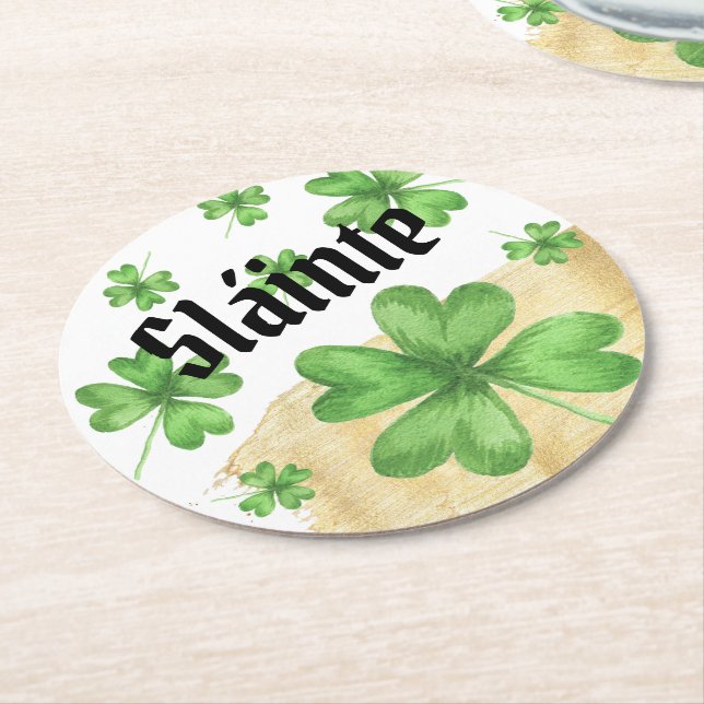 Slainte Shamrock Round Paper Coaster (Angled)
