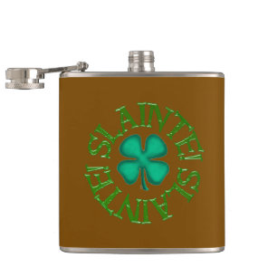 Slainte w clover brown wrapped flask