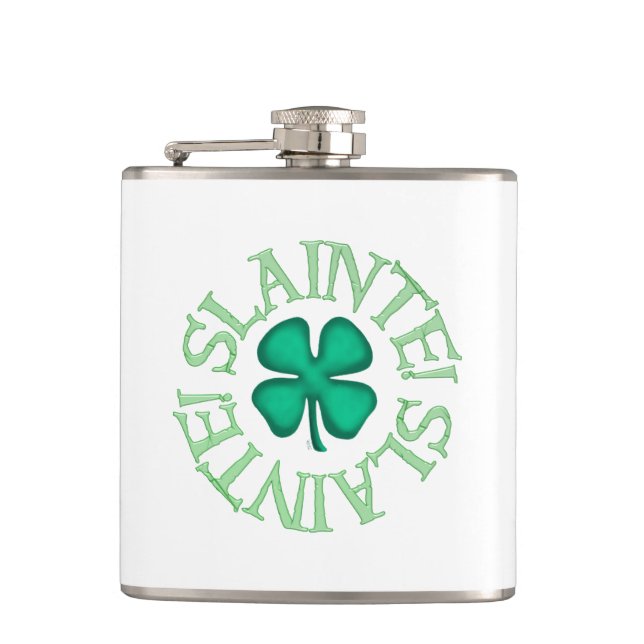 Slainte w clover white wrapped flask (Front)