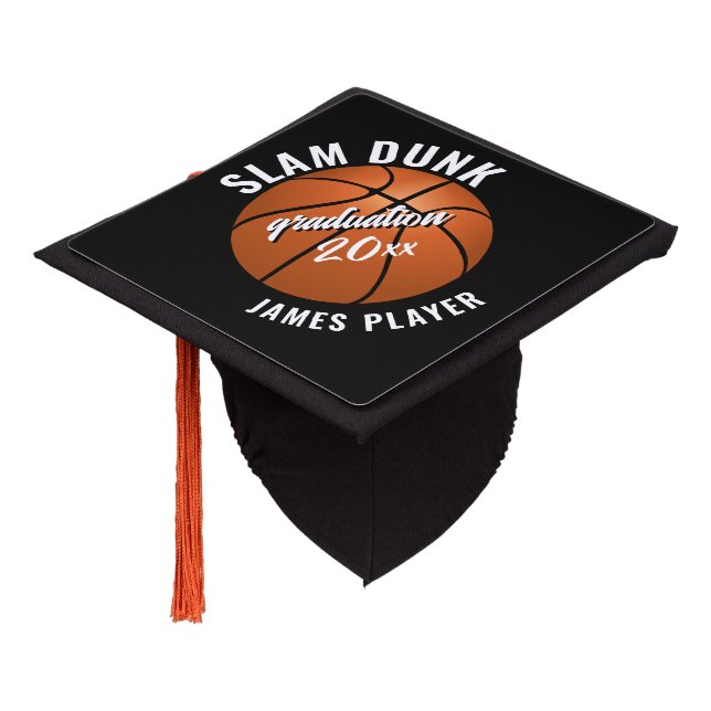 SLAM DUNK, BASKETBALL PERSONALIZED NAME & YEAR  GRADUATION CAP TOPPER (Angled)