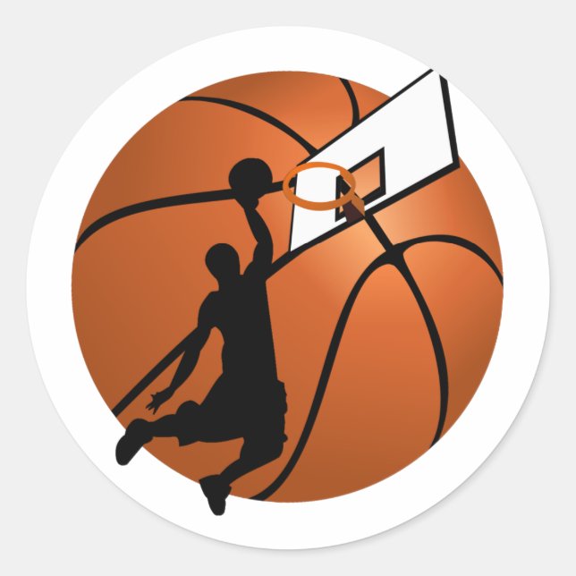 Slam Dunk Basketball Player w/Hoop on Ball Classic Round Sticker (Front)