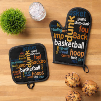 Slam Dunk Style: Dynamic Basketball Word Kitchen  Oven Mitt & Pot Holder Set
