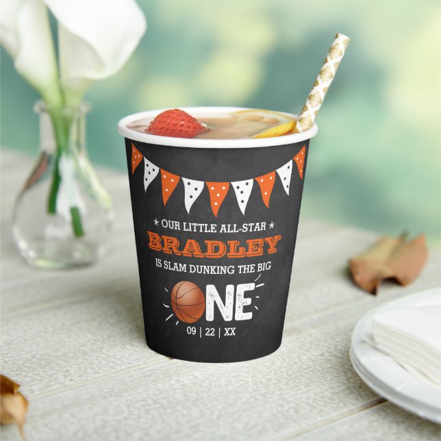 Slam Dunking The Big One | Basketball 1st Birthday Paper Cups (Insitu)