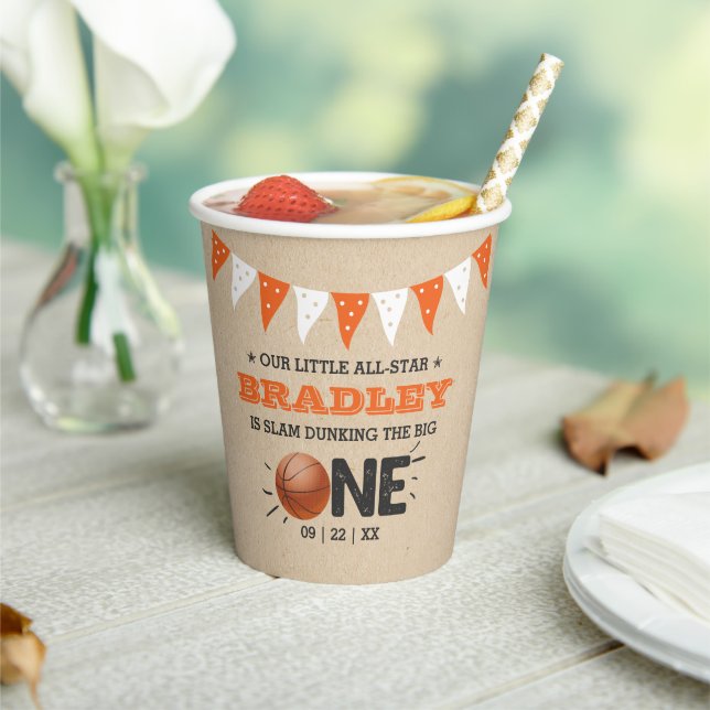 Slam Dunking The Big One | Basketball 1st Birthday Paper Cups (Insitu)