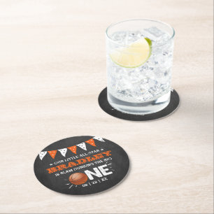 Slam Dunking The Big One   Basketball 1st Birthday Round Paper Coaster