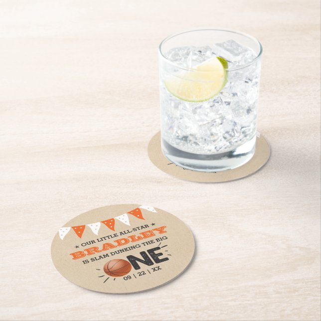 Slam Dunking The Big One | Basketball 1st Birthday Round Paper Coaster (Insitu)