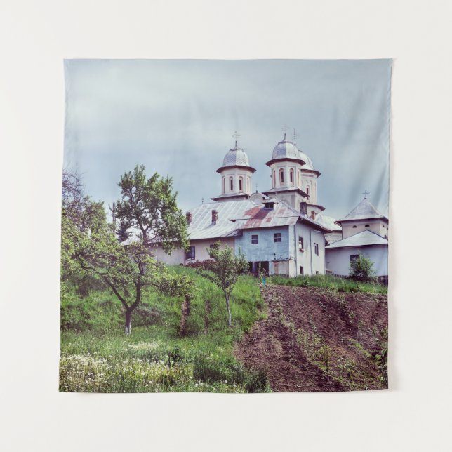Slanic monastery in Arges county on a cloudy dayar Tapestry (Front)