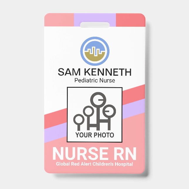 Slanting Colourful Stripes Nurse Photo Template Badge (Front)